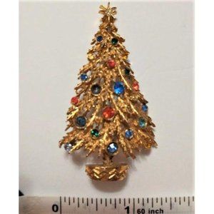 Vintage Goldtone Christmas Tree Rhinestone Pin